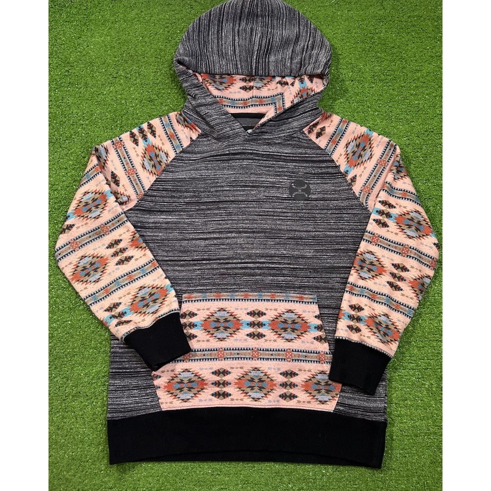 Kids Western Hoodie Youth Med. Aztec Hooey Pullover Grey Coral Turquoise Retro